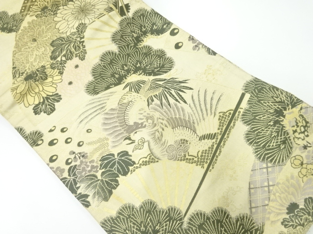 JAPANESE KIMONO / ANTIQUE MARU OBI / WOVEN FOLDING FAN & FLOWERS & BIRDS